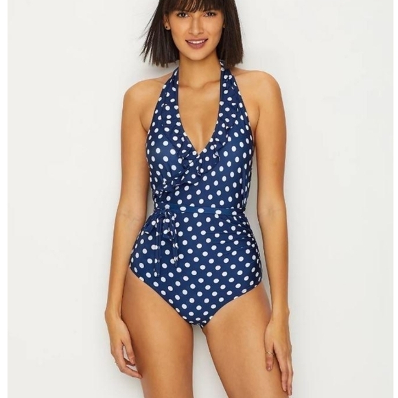 Modcloth The Reese One-Piece Swimsuit Halter Ruffle Polka Dot Navy Blue Size 3X - Picture 7 of 14